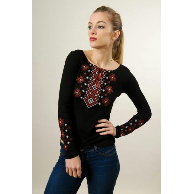 Embroidered t-shirt with long sleeves "Carpathian Ornament" red on black